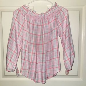 Tommy Hilfiger Size XS Pink Plaid Off Shoulder Long Sleeve Pullover Top